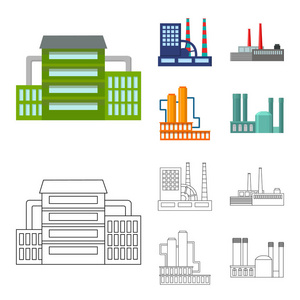 工业生产。工厂集合图标在卡通, 轮廓风格矢量符号股票插画网站