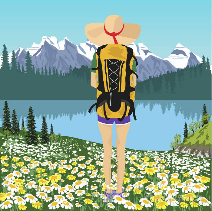 女性旅行者看着山下湖在夏天的背影插画-正版商用图片0qwdmj-摄图新