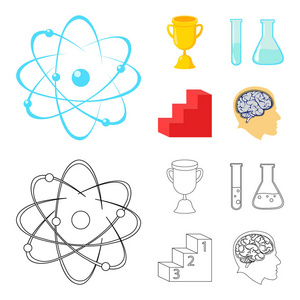 一杯, 试管用试剂, 底座, 一个人头部与大脑。学校集合图标在卡通, 轮廓风格矢量符号股票插画网站