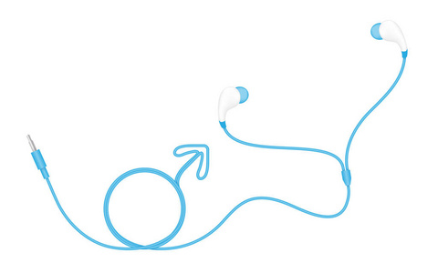 耳机, 在耳型蓝颜色和男性性别符号由电缆隔离在白色背景, 与复制空间