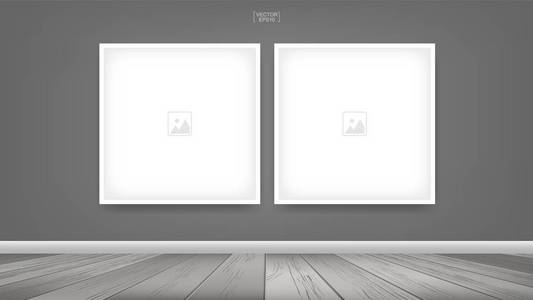 空相框或图片框架背景在房间空间区域与灰色墙壁背景和木地板。房间设计与室内装饰的矢量理念