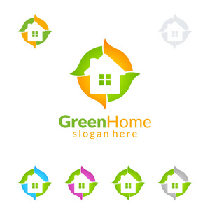 绿色家居标志, 房地产矢量标志设计与房子和生态的形状, 孤立的白色背景