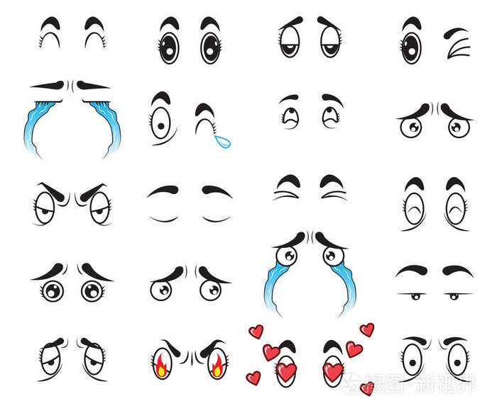 可爱的卡通眼睛设置.用于设计的面元素集合.不同表情的情绪.矢量插图
