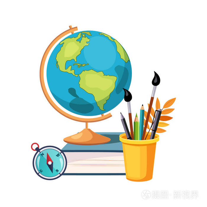 地理 地球和书写工具,学校和教育的一组相关的对象在五彩缤纷的卡通