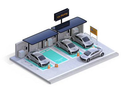 配有充电站太阳能电池板的停车场的等距视图。汽车共享概念。白色背景。3d 渲染图像