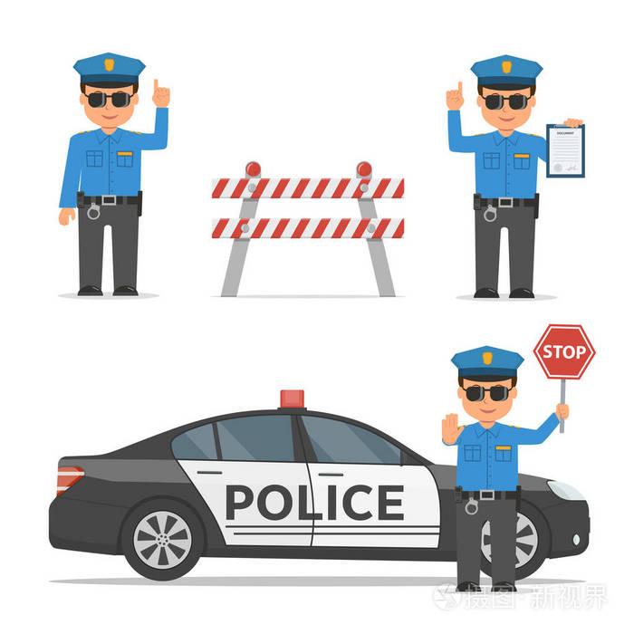 组的一名警官的卡通人物.交通警察在不同的姿势.