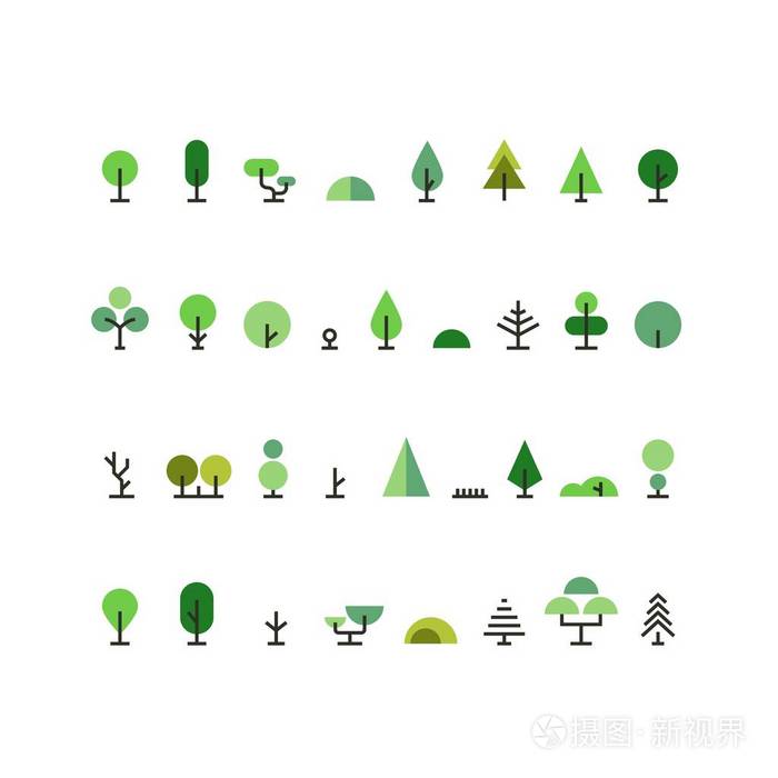 最小化向量集绿扁线树, 灌木, 草和云杉.自然元素设计模板