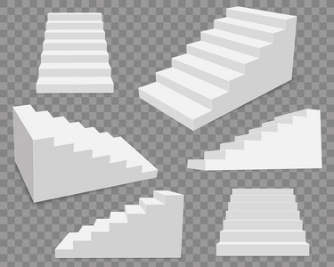 创意向量插图3d 内部楼梯, 白色舞台设置隔离在透明的背景。艺术设计楼梯台阶集合。抽象概念图形业务图表元素