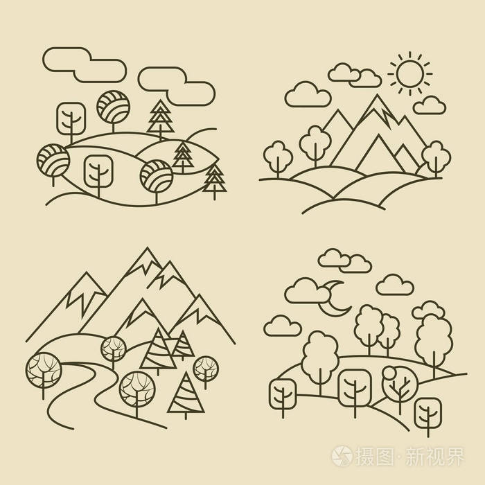 自然景观细线图标.森林和山谷风景矢量图