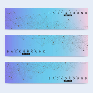 现代向量横幅的科学设置。Dna 分子的结构与连接的线和点。科学向量背景。医疗 技术，化学设计