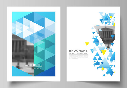 A4 格式的矢量布局现代封面版面设计模板的小册子, 杂志, 传单, 小册子, 年度报告。带三角形的蓝色多边形背景, 彩色马赛克图