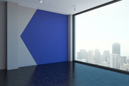 现代客房内有复印空间和城市景观。模拟, 3d 渲染