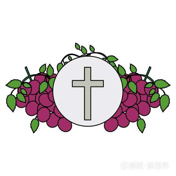 彩色背景与圣餐宗教图标的葡萄和基督教的十字架