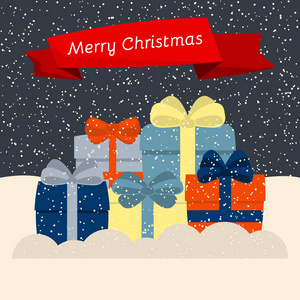 礼品盒上的雪和飘落的雪和红丝带与题词快乐的圣诞节。矢量插图