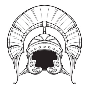 加利亚.tipically 戴着皇冠的罗马帝国头盔。前视图。纹章元素。白色背景上的黑色和白色绘图
