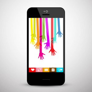 五颜六色的手在手机屏幕上。社会媒体应用矢量符号