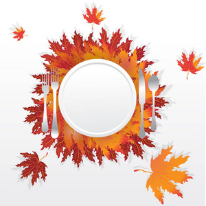 秋叶带餐叉勺和刀, 服务节假日餐桌, 浪漫动机插图与落叶, 感恩节表橙色红棕色