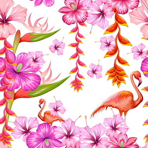 无缝模式与异国风情的热带花卉和火烈鸟