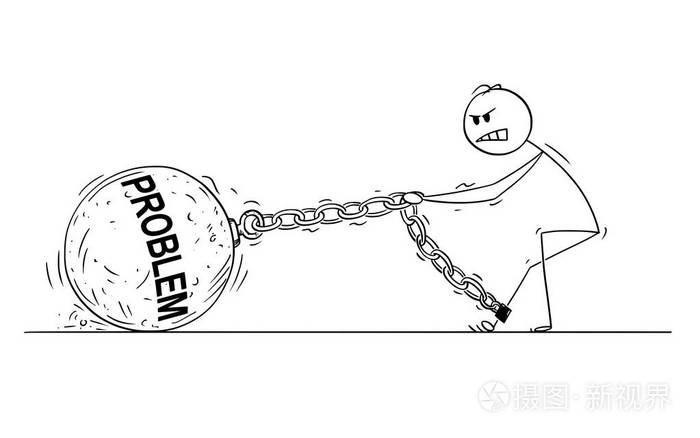 男子或商人漫画拉大铁球与问题文本链接到他的腿