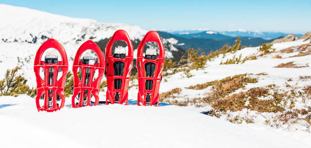 站在背景下的雪和山雪的雪鞋。冬天走与森林和山