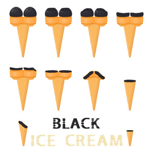 在华夫饼锥上的天然黑冰淇淋的矢量插图。冰淇淋模式包括甜冷冰淇淋, 美味的冷冻甜点。圆锥形黑各式各样的新鲜水果
