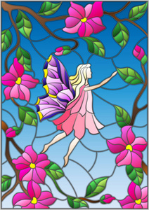 插图在彩色玻璃风格与翅童话中的天空，粉红色的花朵和绿叶