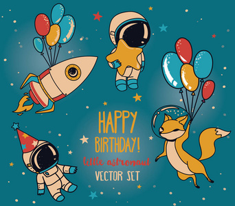 生日聚会在宇宙风格空间中集的可爱狐狸用气球 宇航员和火箭