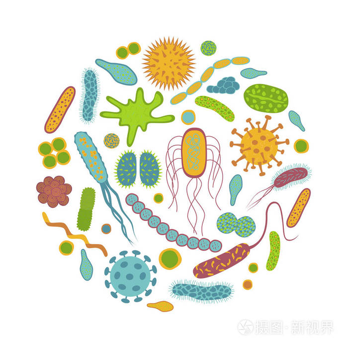 白色背景上分离出的细菌和微生物图标
