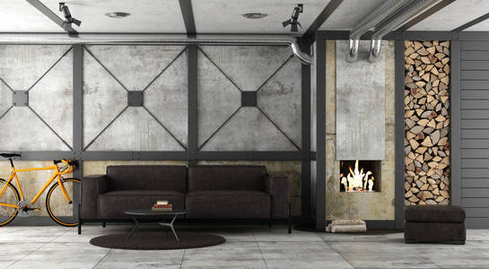 客厅在阁楼与壁炉和真皮沙发3d 渲染
