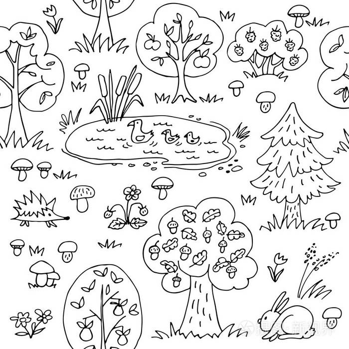 插画 夏季森林.与野生动物和树木的无缝模式.手绘风格.