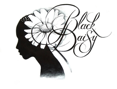 女孩与花雏菊和独特的手写的题词黑黛西的形式在理发的黑色剪影头