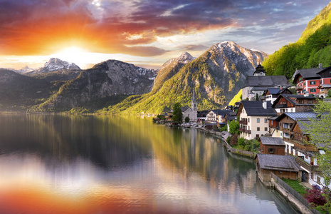 奥地利景观，哈尔施塔特 Alp 湖山日出