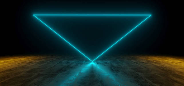 未来的科幻蓝色霓虹灯三角形管发光的暗混凝土反射面橙色灯和空空间3d 渲染插图