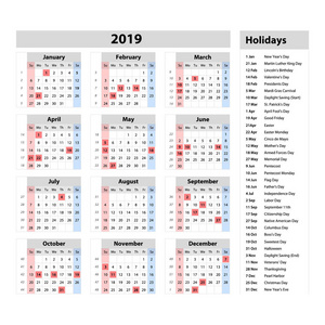 矢量简单的日历 2019一年一目了然开始星期一与公众假期为美国艺术