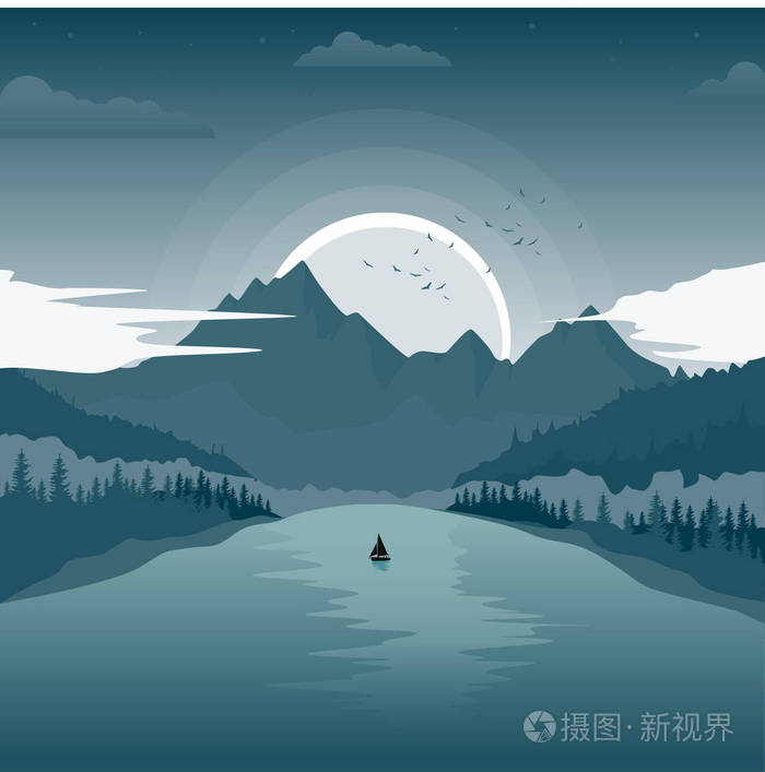 美丽的风景,与高山湖泊和渔船在黎明插画-正版商用图片0r2mwt-摄图新
