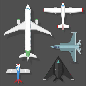 矢量飞机图顶视图和飞机运输旅行方式设计旅程对象