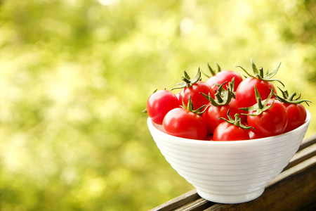 白色陶瓷碗充满了小成熟有机樱桃西红柿国家侧面叶子的春天场面, 树, 绿叶夏天背景。蔬菜堆。纯素食素食。关闭, 复制空间