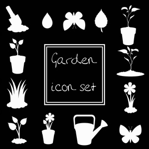 白色园艺图标设置孤立的黑色背景。单色剪影的矢量插图, 图标, 标志, 模板设计