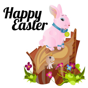 复活节巧克力蛋狩猎兔子篮子在绿色草地上的一组装饰花 兔的滑稽的耳朵 快乐的春天节日传统贺卡或横幅集合矢量图 backgrou