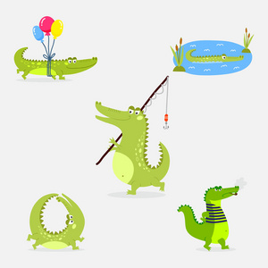 卡通绿色鳄鱼滑稽捕食者澳大利亚野生动物河爬行动物鳄鱼平面矢量图