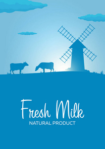 海报新鲜的牛奶的天然产品。与工厂和奶牛的农村景观。在村子里的黎明