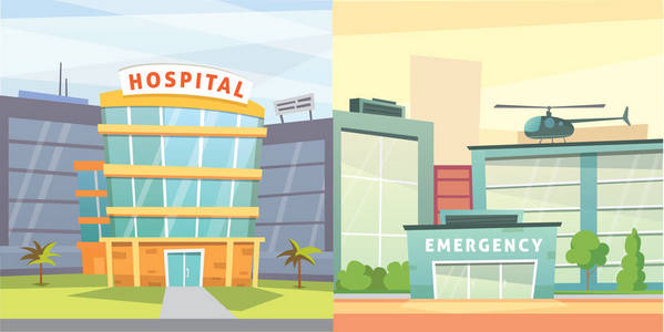 一套医院建筑卡通现代矢量图。医疗诊所和城市背景。急救室外部