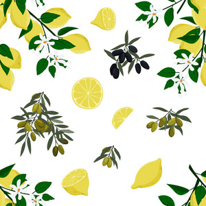 无缝橄榄和柠檬图案。手绘背景