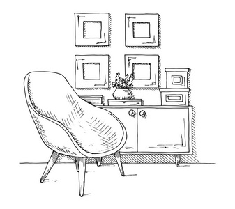 扶手椅, 橱柜与花瓶。草图样式的手绘矢量插图