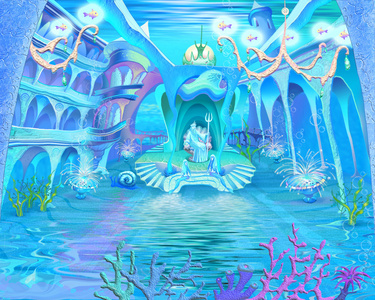 神秘和幻想的海底世界。水下的城堡亲切感。