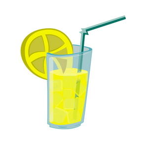 玻璃高玻璃的矢量图, 含冰和管的柠檬水。玻璃是清澈的, 冰是可见的通过它