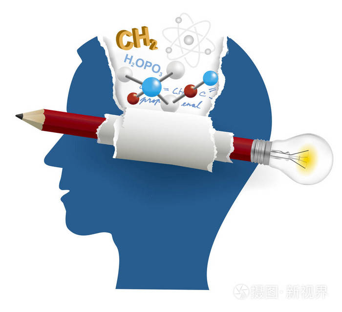 风格的男性头像与化学符号和铅笔与灯泡.可用向量