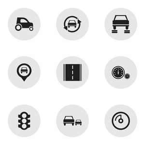 9 可编辑汽车图标集。包括自动调谐 速度显示 汽车修理等符号。可用于 Web 移动 Ui 和数据图表设计