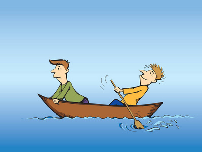 2坦率的家伙图旅行在老小木滑雪小船被隔绝在蓝色湖背景。鲜艳的颜色一起绘制的艺术复古涂鸦漫画风格的团队素描。天空中文本的侧面视图和