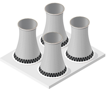 矢量等距动力总成系统，分离。四个冷却水塔，白色背景